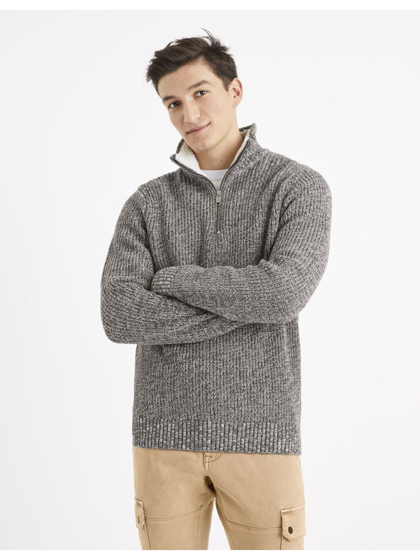 Celio Bílo-šedý pánský žíhaný svetr Celio Veviking