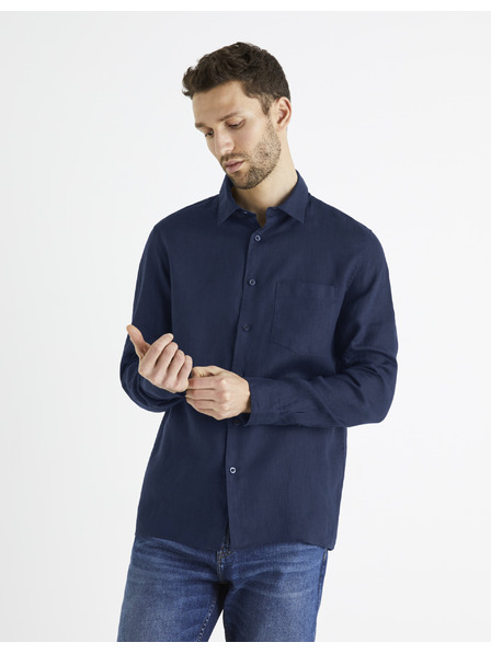 Celio Tmavě modrá pánská lněná košile Celio Baflax