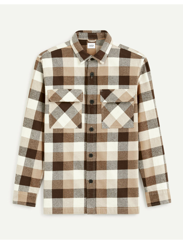 Celio Hnědá pánská kostkovaná košile Celio Caochecky