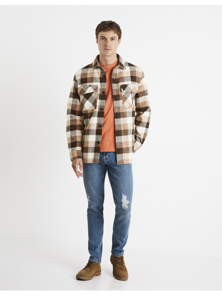 Celio Hnědá pánská kostkovaná košile Celio Caochecky