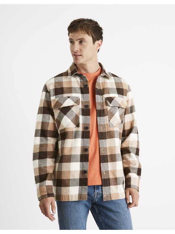 Celio Hnědá pánská kostkovaná košile Celio Caochecky