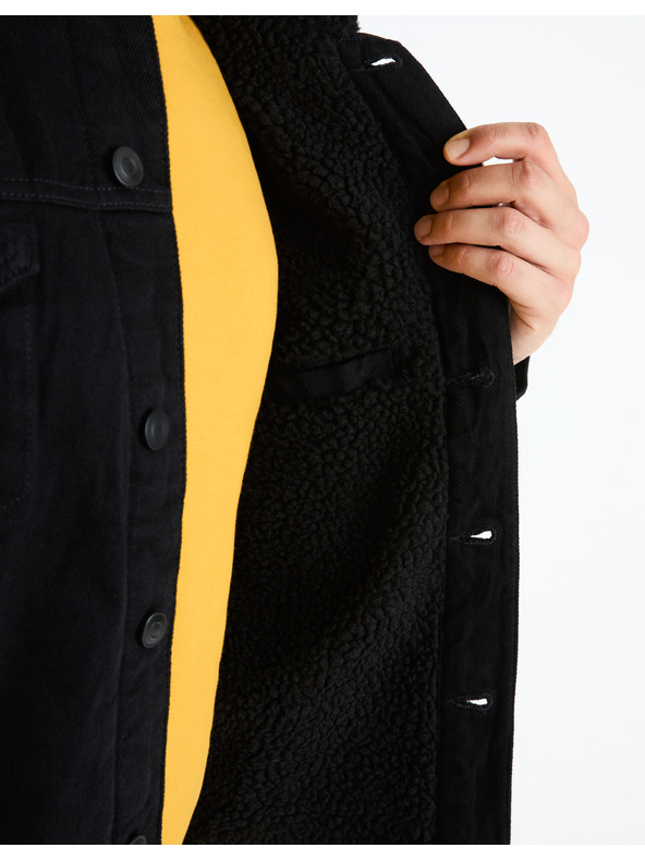 Celio Černá pánská džínová bunda s kožíškem Celio Cudensherp