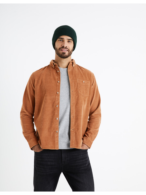 Celio Hnědá pánská manšestrová košile Celio Carduroys