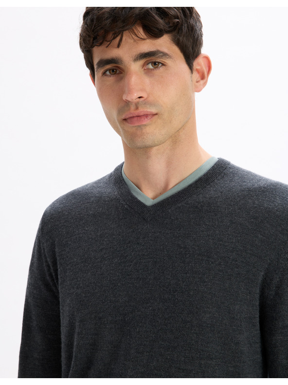 Celio Tmavě šedý pánský vlněný svetr Celio Semeriv