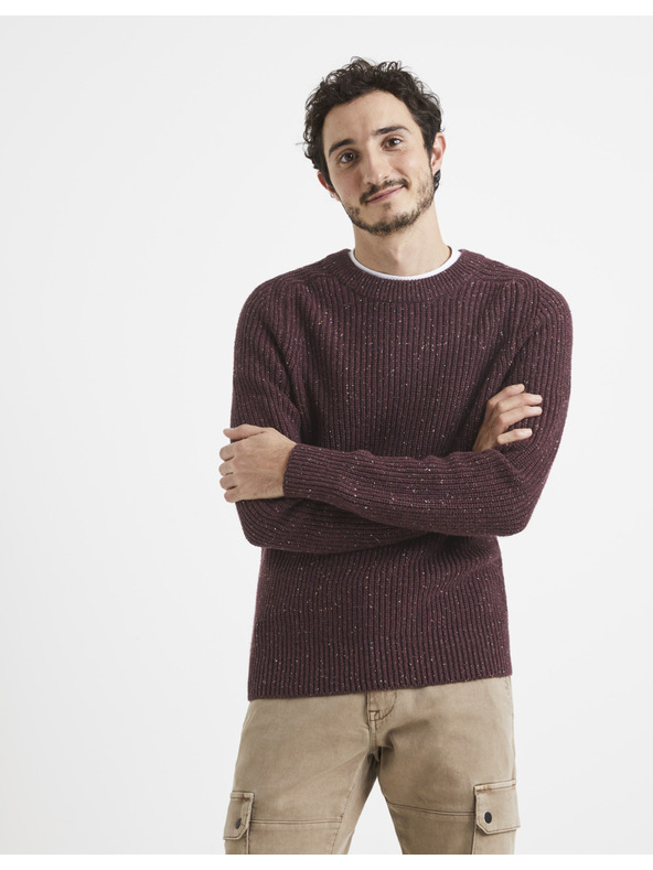 Celio Vínový pánský žíhaný svetr Celio
