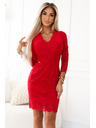 numoco Krajkové šaty s dlouhým rukávem a výstřihem - červené Numoco