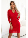 numoco Krajkové šaty s dlouhým rukávem a výstřihem - červené Numoco