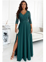 numoco Elegantní krajkové dlouhé šaty s výstřihem - zelené Numoco AMBER