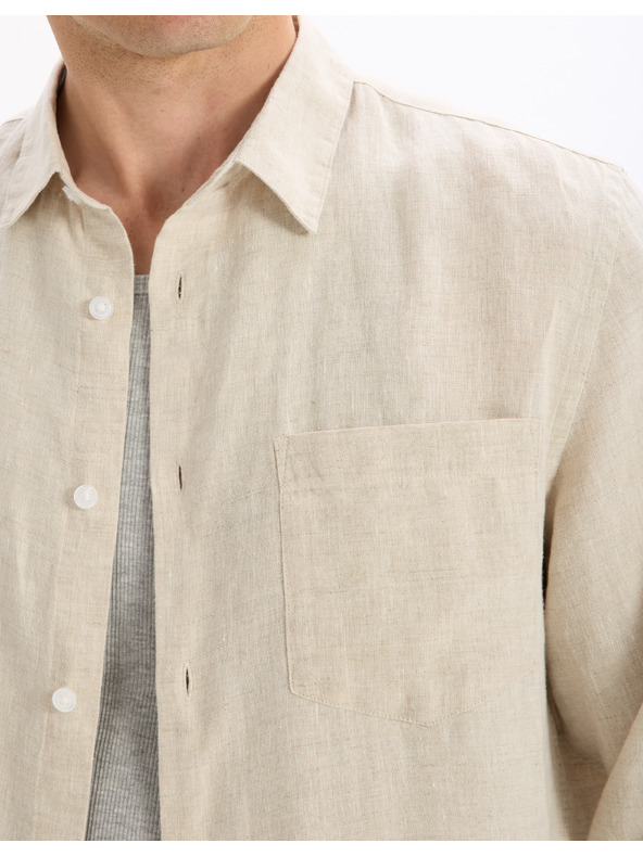 Celio Krémová pánská lněná košile Celio Daflix