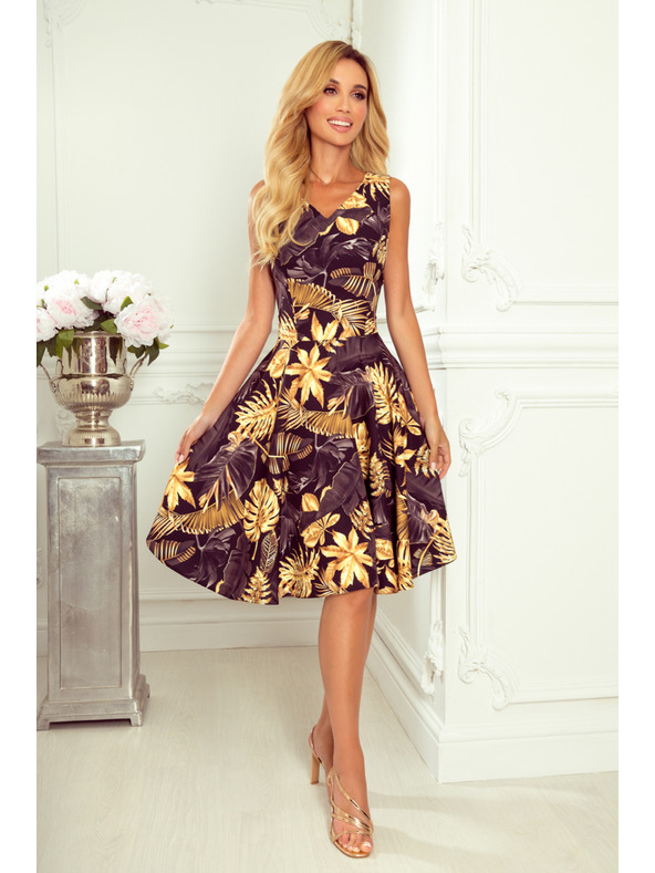 numoco Šaty - srdcovitý výstřih - Zlaté listy Numoco