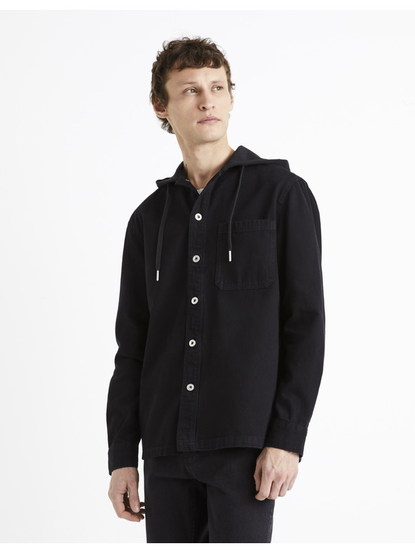 Celio Černá pánská džínová košile s kapucí Celio Dadenim