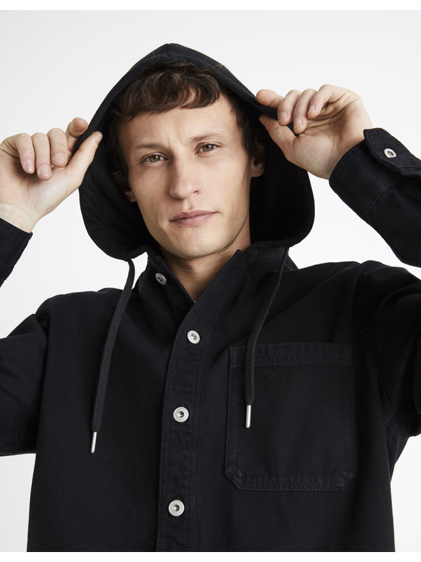 Celio Černá pánská džínová košile s kapucí Celio Dadenim