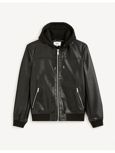 Celio Černá pánská koženková bunda s kapucí Celio Fumati