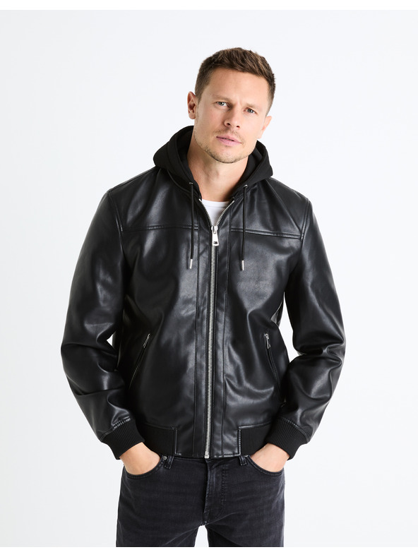 Celio Černá pánská koženková bunda s kapucí Celio Fumati