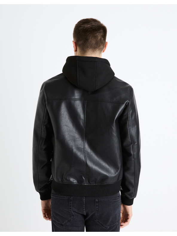 Celio Černá pánská koženková bunda s kapucí Celio Fumati