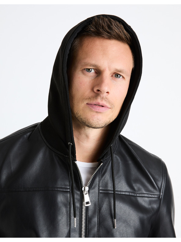 Celio Černá pánská koženková bunda s kapucí Celio Fumati