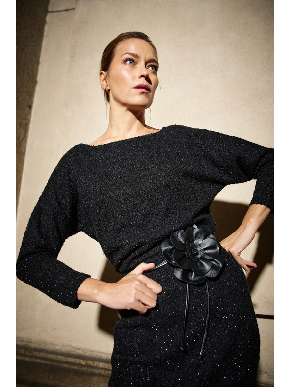 Moodo Vázaný pásek s květem černý Moodo