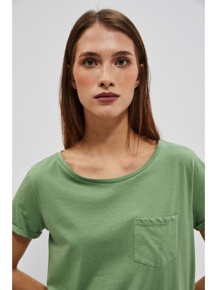 Moodo Bavlněné tričko s kulatým výstřihem a kapsičkou olivové Moodo