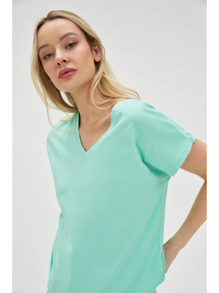 Moodo Bavlněné tričko s výstřihem do véčka mátové Moodo