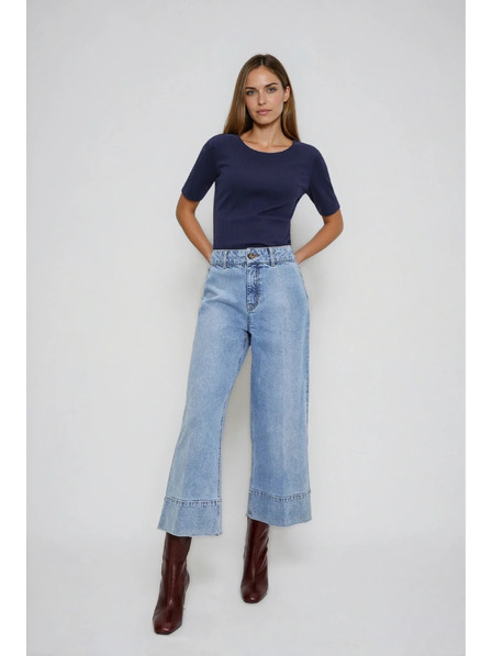 Moodo Tmavě modrá halenka z žebrovaného materiálu Moodo