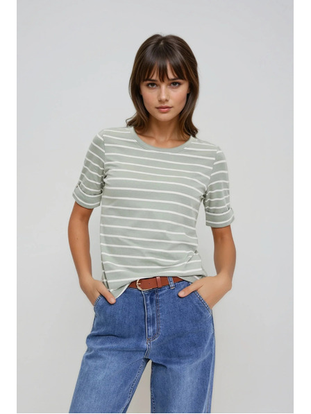 Moodo Bavlněné tričko pruhované olivové Moodo