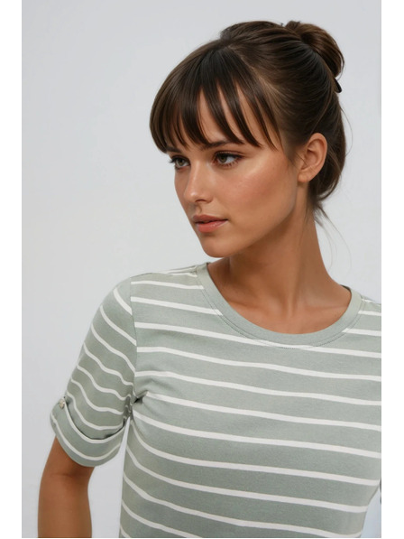 Moodo Bavlněné tričko pruhované olivové Moodo