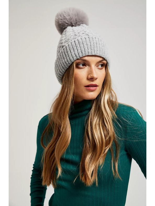Moodo Čepice s kožešinovou bambulí šedá Moodo