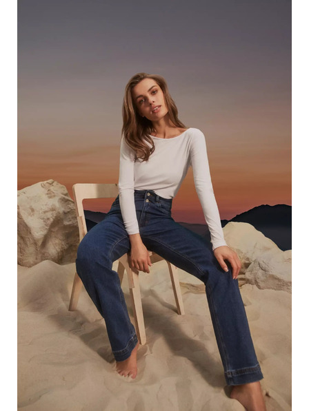 Moodo Tmavě modré džíny wide leg zapínané na dvojité knoflíky Moodo