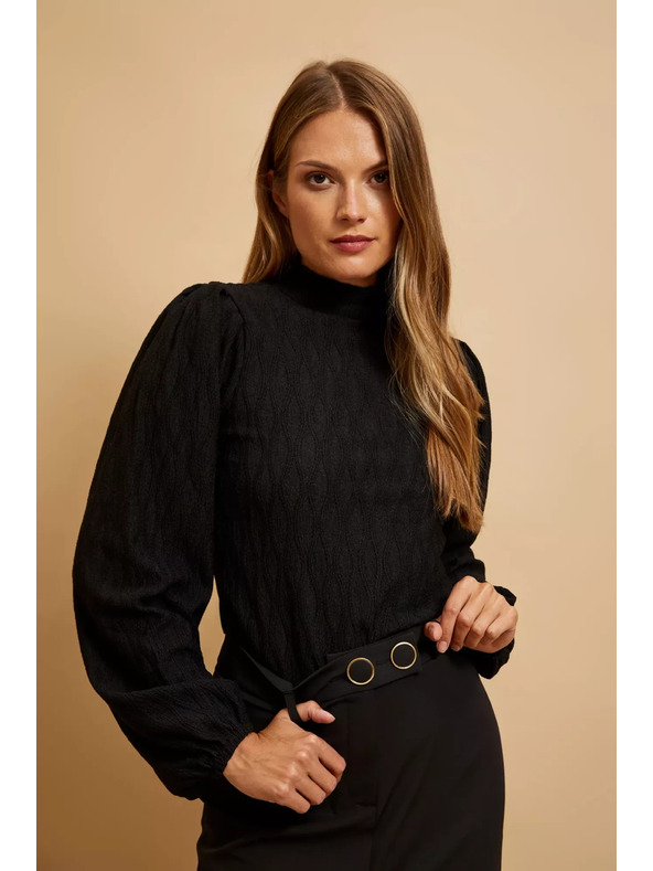 Moodo Černá halenka s polo výstřihem a nadýchnutými rukávy Moodo