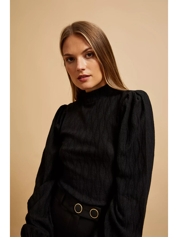 Moodo Černá halenka s polo výstřihem a nadýchnutými rukávy Moodo