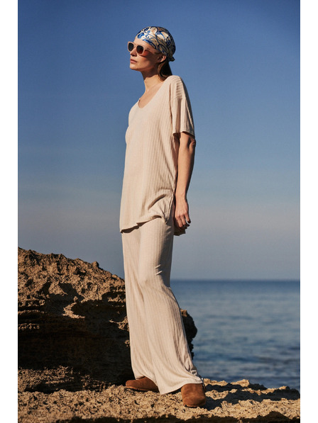 Moodo Béžové kalhoty z žebrované pleteniny Moodo