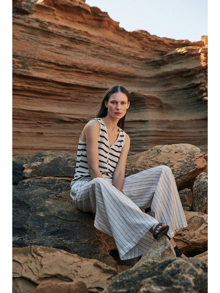 Moodo Lněné kalhoty pruhované bílé Moodo