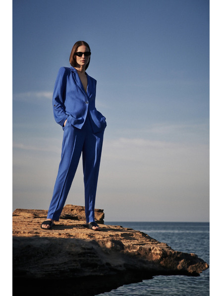 Moodo Lněné kalhoty s nohavicemi do lemu modré Moodo