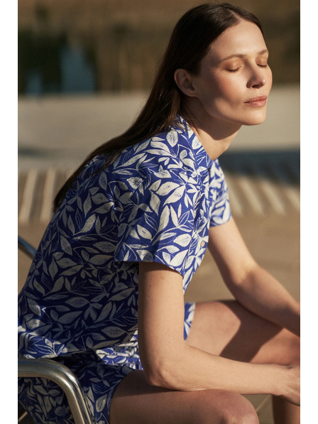 Moodo Modrá košile s límcem a rostlinným vzorem Moodo