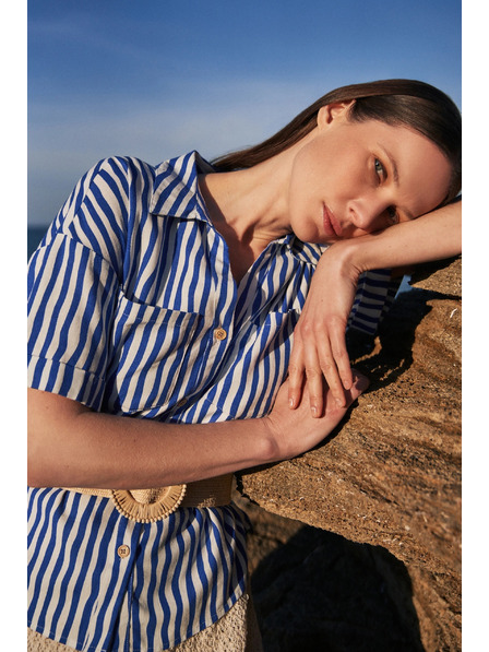 Moodo Modrá pruhovaná košile zapínaná na knoflíky s kapsami Moodo