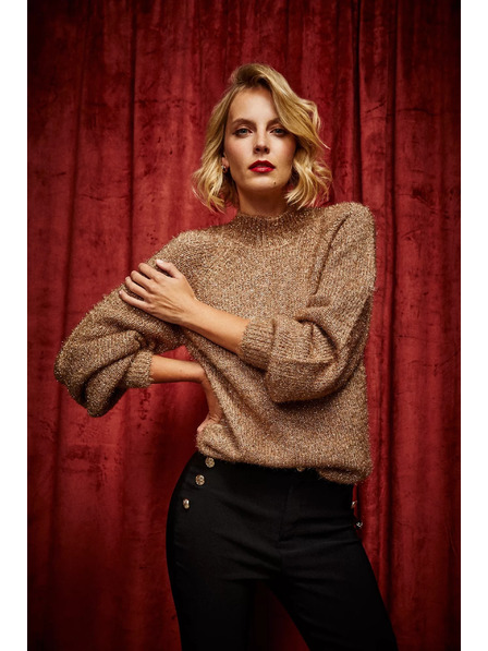 Moodo Svetr s rolákem zdobený metalickou nití béžový Moodo