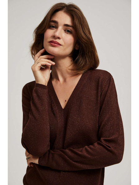 Moodo Hnědý svetr s metalickým vláknem a výstřihem do V Moodo
