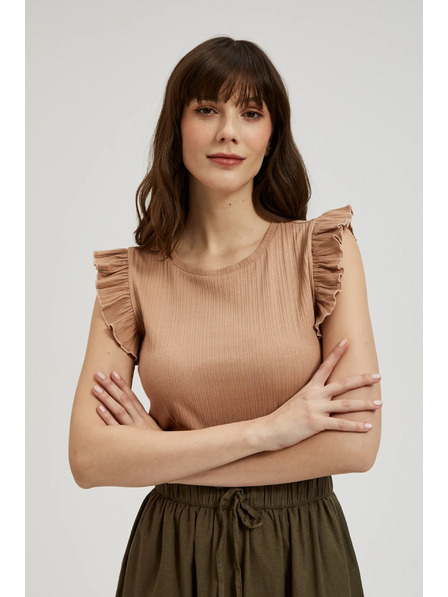 Moodo Žebrovaná halenka s volánkem na ramenou béžová Moodo