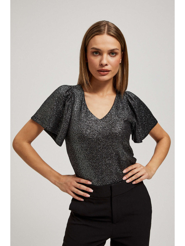 Moodo Blůzka s výstřihem do véčka a nadýchané krátké rukávy černá Moodo