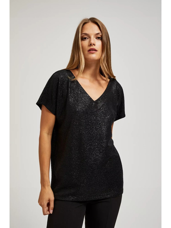 Moodo Elegantní černá halenka s výstřihem do V z lesklého materiálu Moodo