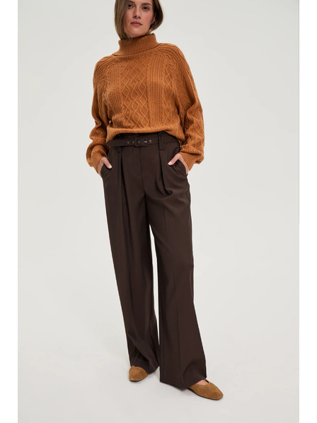 Moodo Hnědé kalhoty se strukturou a páskem Moodo