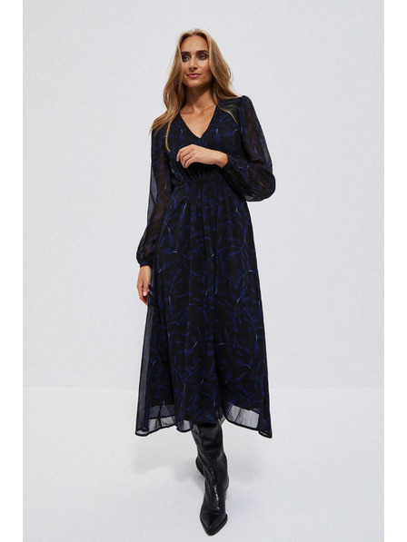 Moodo Černé midi šaty s potiskem a nafouklými rukávy Moodo