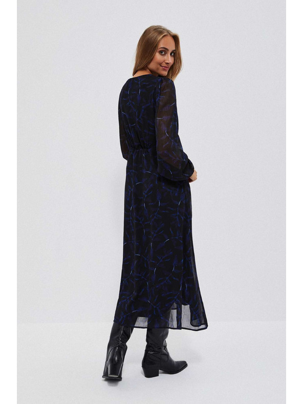 Moodo Černé midi šaty s potiskem a nafouklými rukávy Moodo