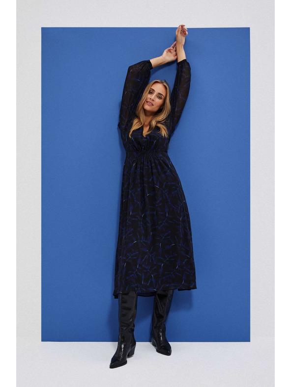 Moodo Černé midi šaty s potiskem a nafouklými rukávy Moodo