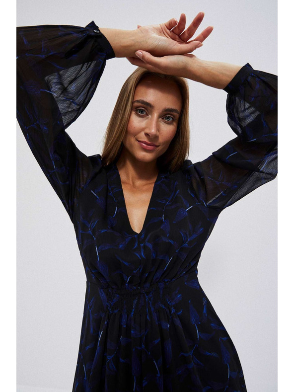 Moodo Černé midi šaty s potiskem a nafouklými rukávy Moodo