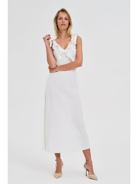 Moodo Bílé midi šaty s volány na výstřihu Moodo