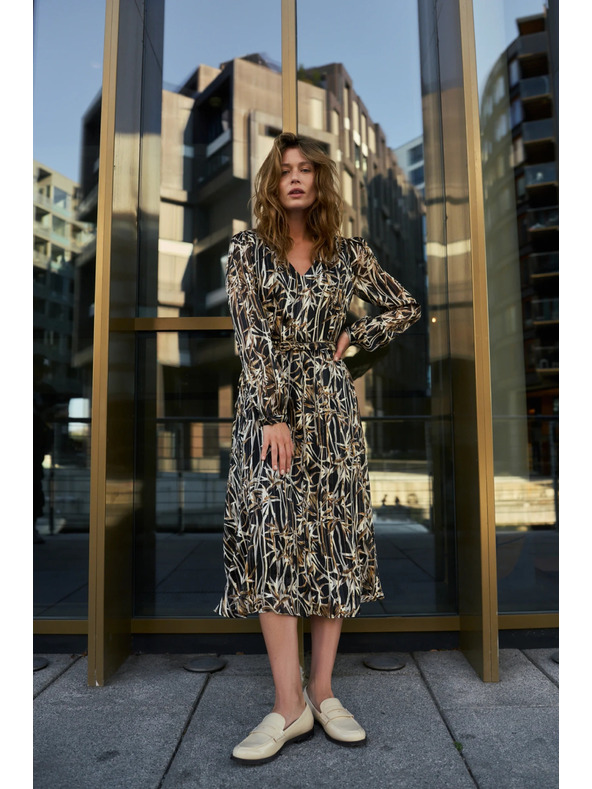 Moodo Černé šaty s rostlinným vzorem a páskem Moodo