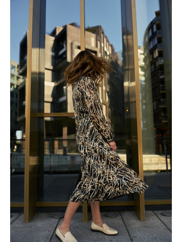 Moodo Černé šaty s rostlinným vzorem a páskem Moodo