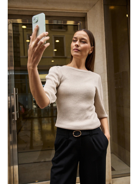 Moodo Žebrovaný svetr s nadýchnutými rukávy béžový Moodo