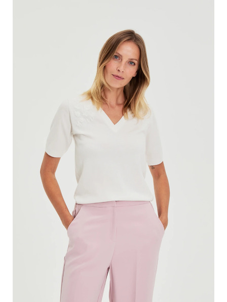 Moodo Bílý svetr s krátkými rukávy a výstřihem do V Moodo